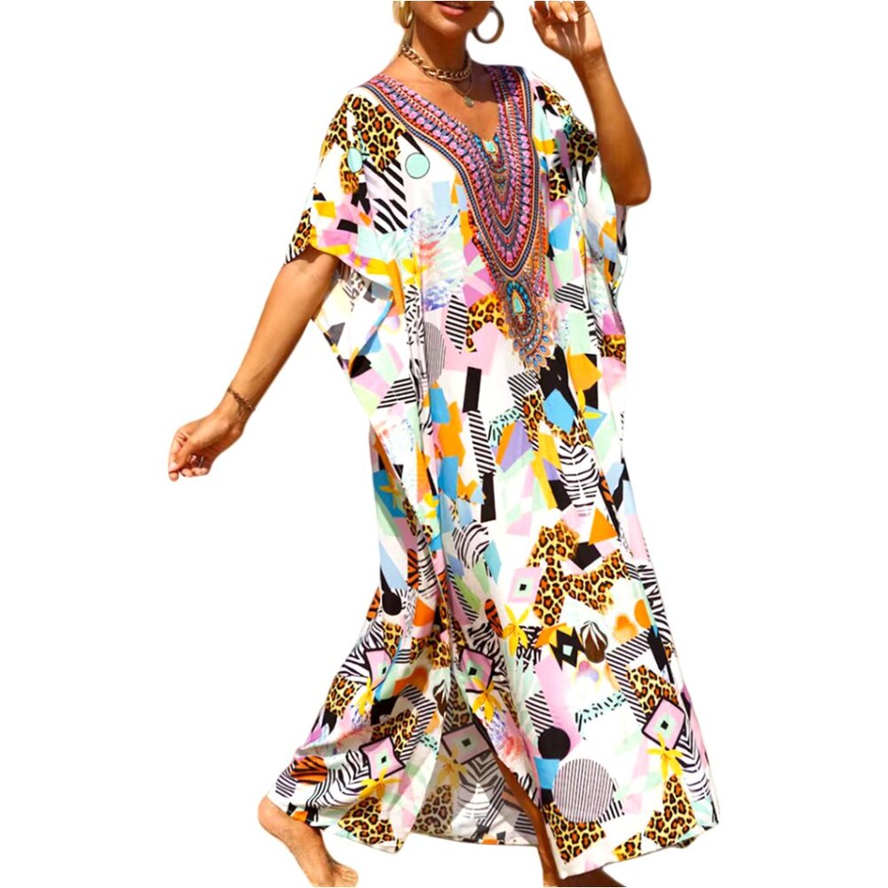 V-Neck Batwing Sleeve Kaftan Dress Lightweight Beach Cover Up Elegant Boho